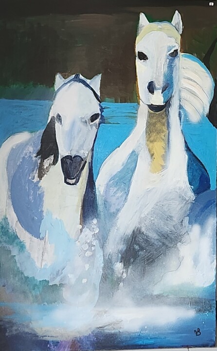 Peinture intitulée "Chevaux camarguais 2" par Valérie Blum (Valery), Œuvre d'art originale, Acrylique Monté sur Châssis en b…