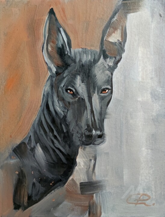 Egyptian dog Anubis OIL PAINTING 绘画, 11.8x9.1 in