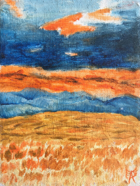 Orange Dreamscape (Blue & Orange) 绘画, 7.9x5.9 in