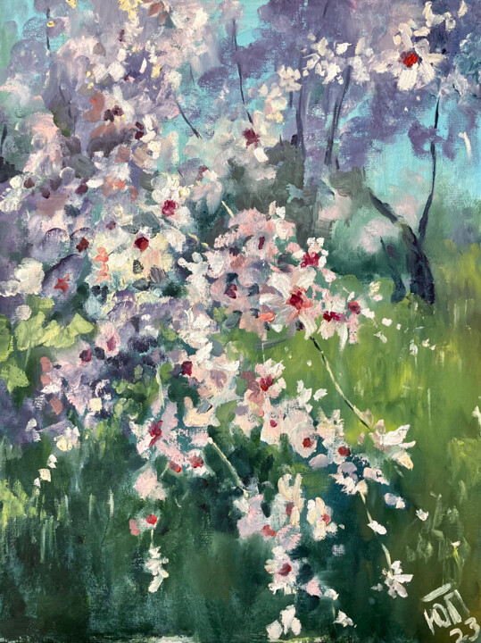 Картина под названием "In the Almond Orcha…" - July Kinart, Подлинное произведение искусства, Масло
