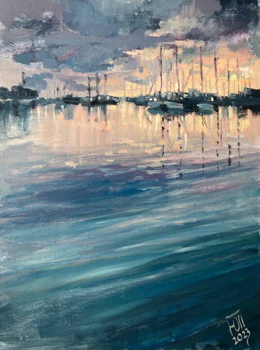 Pintura titulada "Evening at the Port" por July Kinart, Obra de arte original, Oleo