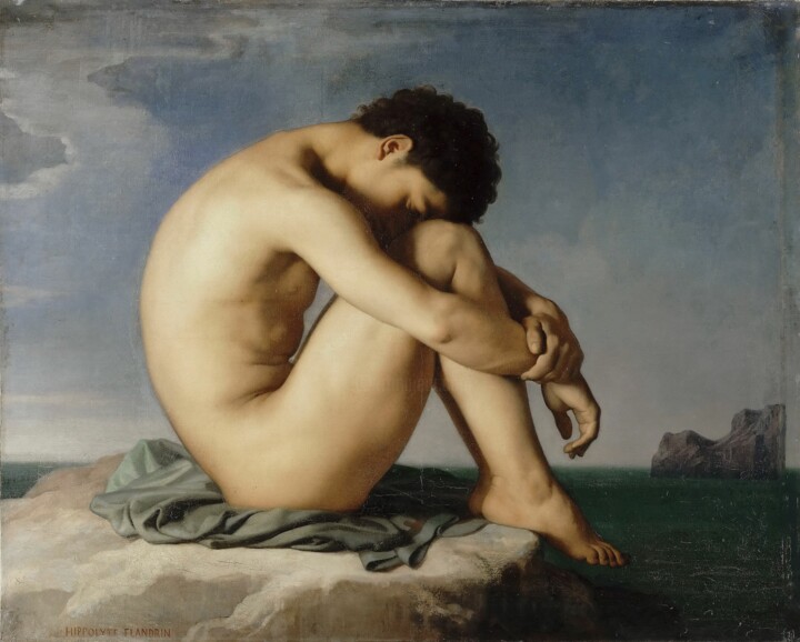Jeune homme nu assis au bord de la mer 绘画, 38.6x48.8 in