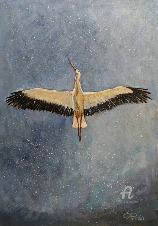 Flying stork, blue sky manifest original oil painting 绘画, 16.5x11.8 in