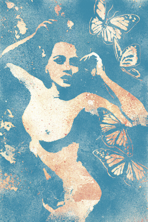 Heavy Crown II turquoise | nude pin up girl with butterflies 数字艺术