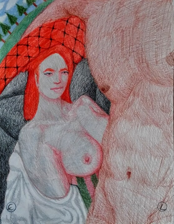 Woman Contemplating a Male Torso 图画, 14x11 in