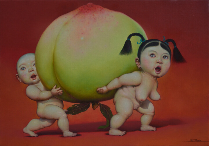 Painting titled "桃蜜蜜" by Zhang Kai Xi, Original Artwork, Oil Mounted on Wood Stretcher frame