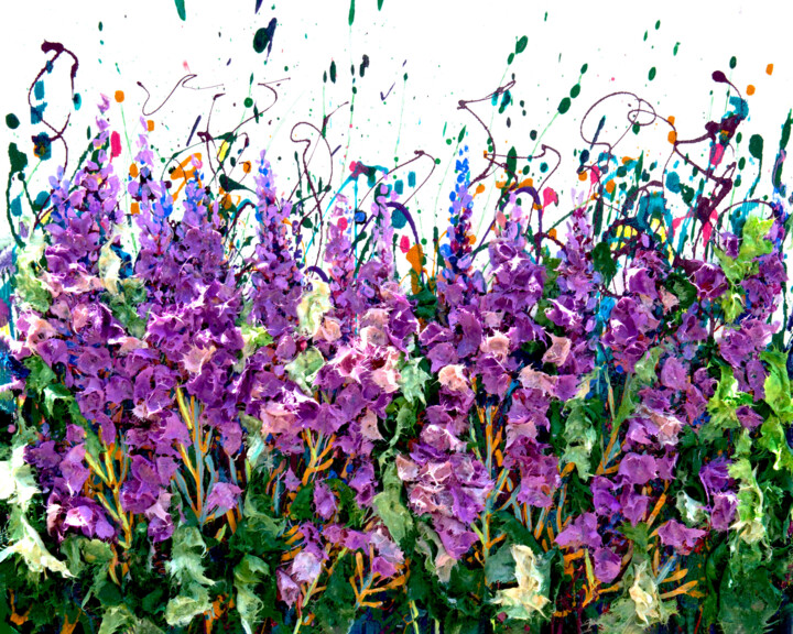 Purple Meadow: Original Mix Media Floral Painting with Palet 绘画, 16x20 in