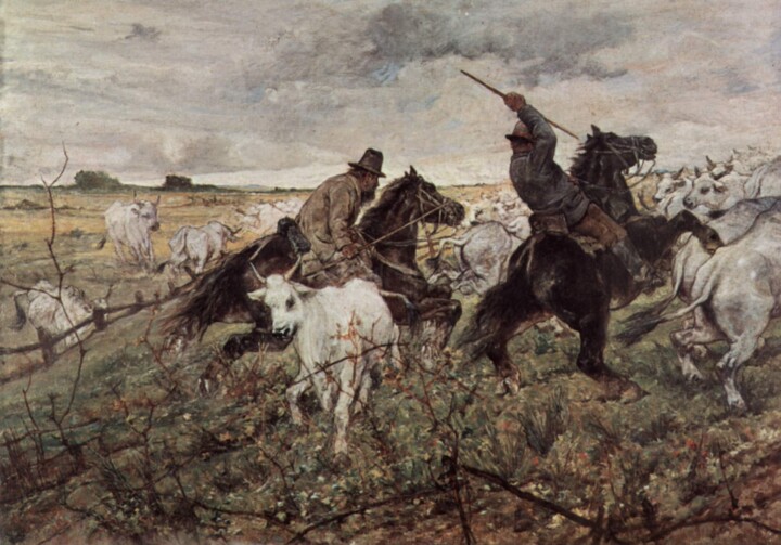 Painting titled "Butteri et troupeau…" by Giovanni Fattori, Original Artwork, Oil