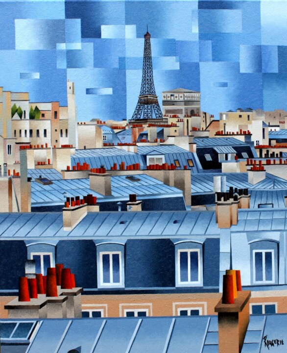 TOITS DE PARIS - TOUR EIFFEL/ ARC DE TRIOMPHE 绘画, 28.7x23.6 in