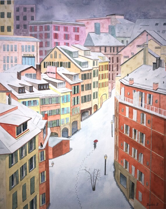 Painting titled "Vue Depuis le Pont…" by Barbara B., Original Artwork, Watercolor