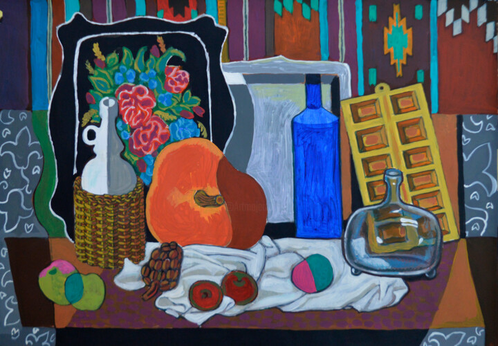 Decorative still life with a pumpkin 绘画, 16.5x25.2 in