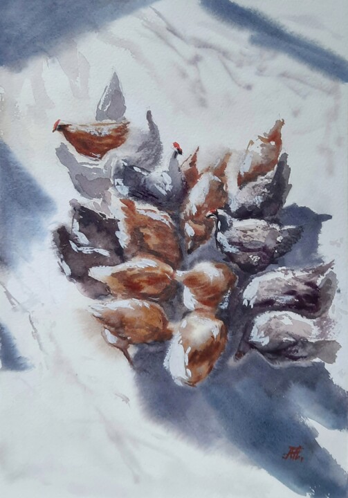 绘画 标题为“Feed chickens” 由Anna Hnatiuk, 原创艺术品, 水彩
