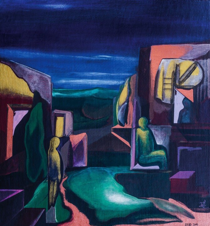 Evening in town 绘画, 14x13 in