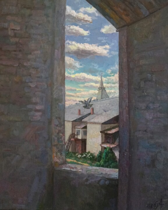 Pittura intitolato "monastery yard" da Olga Korneichuk, Opera d'arte originale, Olio