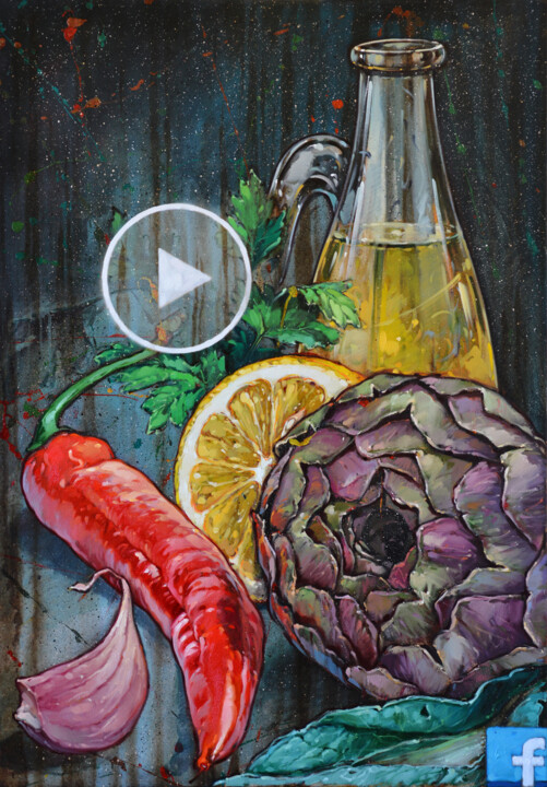 Painting titled "Il carciofo alla gi…" by Federico Pisciotta, Original Artwork, Oil Mounted on Wood Stretcher frame
