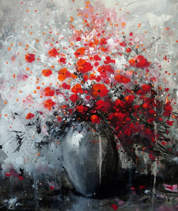 Bouquet de fleurs rouges au vase gris - Eric Bruni 绘画, 18.1x15 in