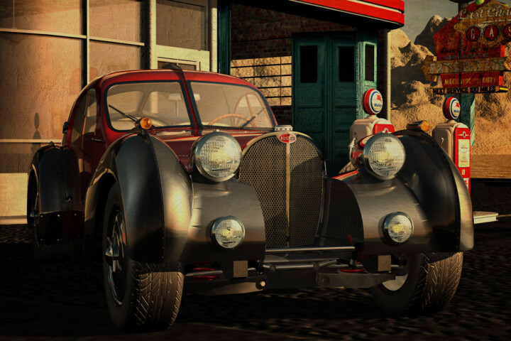 1938 Bugatti Atlantic at a vintage gas station on Route 66 数字艺术