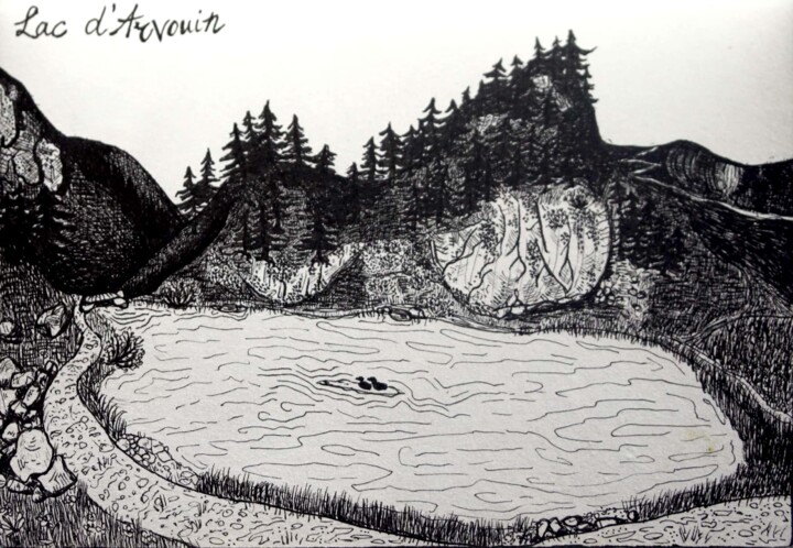 Drawing titled "Lac d'Arvouin, Vall…" by Margot Thuy, Original Artwork, Marker