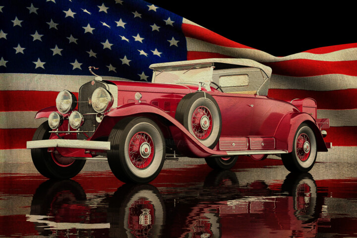 Cadillac V16 Roadster 1930 with American flag 数字艺术