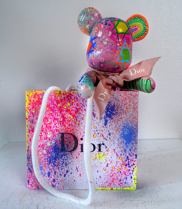 Bearbrick Pop Art Sac Dior Unique Original Multicolore Fluo 雕塑, 7.5x2 in