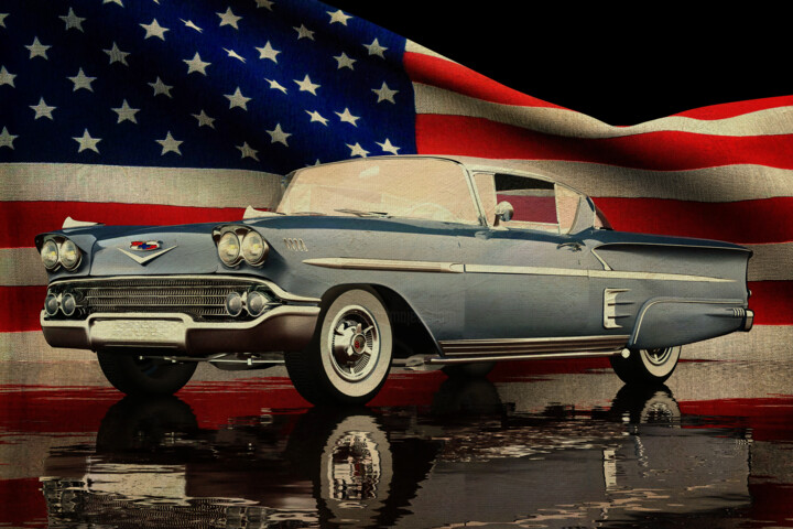 Chevrolet Impala Special Sport Coupe 1958 with American flag 数字艺术
