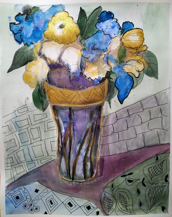 Painting titled "flores" by Janna Shulrufer, Original Artwork, Watercolor