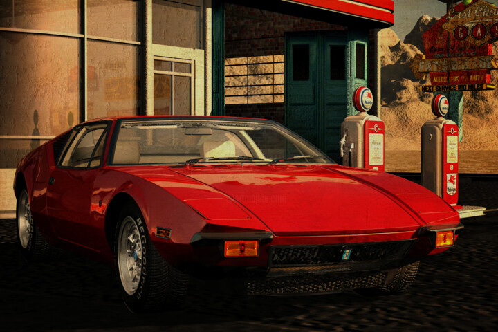 De Tomaso Pantera at a vintage gas station on Route 66 数字艺术