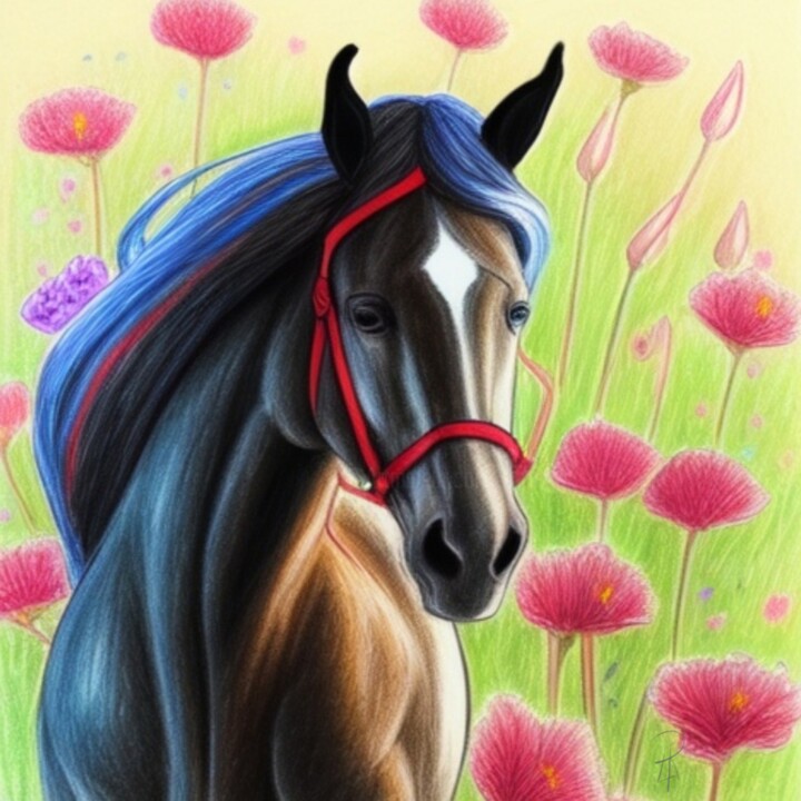 Cavallo e fiori 4 Resim, 7,9x7,9 in