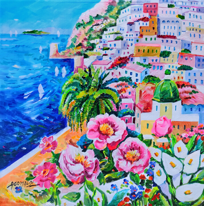 Peinture intitulée "Positano in bloom -…" par Alfredo Grimaldi, Œuvre d'art originale, Huile Monté sur Châssis en bois