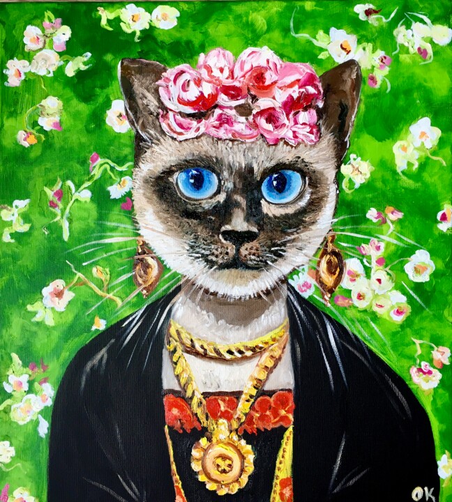 Siamese cat Frida Kahlo inspired by her self-portrait with p 绘画, 20x18 in