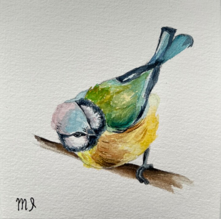 Watercolor bird painting Blue tit bird painting original 绘画, 3.9x3.9 in