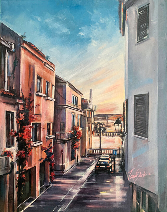 Sunset on Cascais Cobble 绘画, 39.4x27.6 in