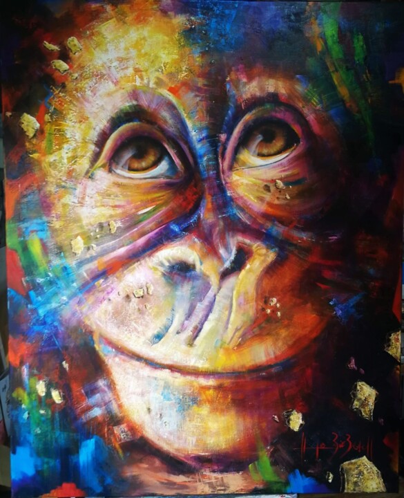 Peinture intitulée "Jeune orang outan" par Hugo Biebrach, Œuvre d'art originale, Huile Monté sur Châssis en bois