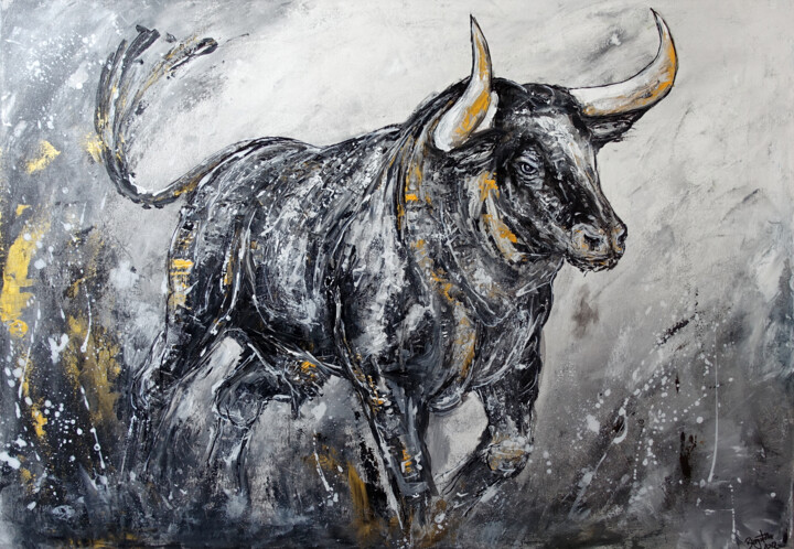 Charging - Wilder Stier Bulle grau gold abstrakt handgemalt 绘画, 31.9x45.7 in