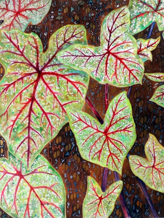 Red Caladium Leaves Painting, 17x13 in