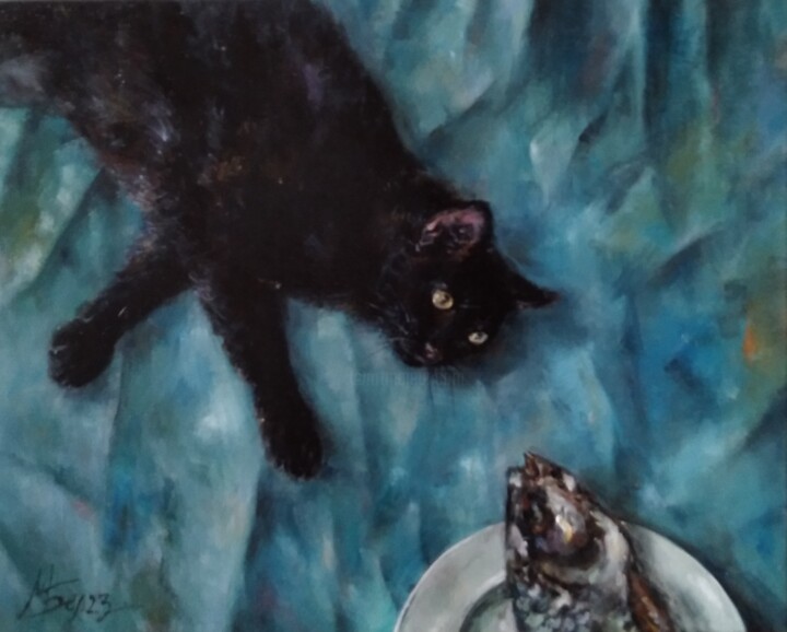 Cat & Fish 绘画, 19.7x23.6 in