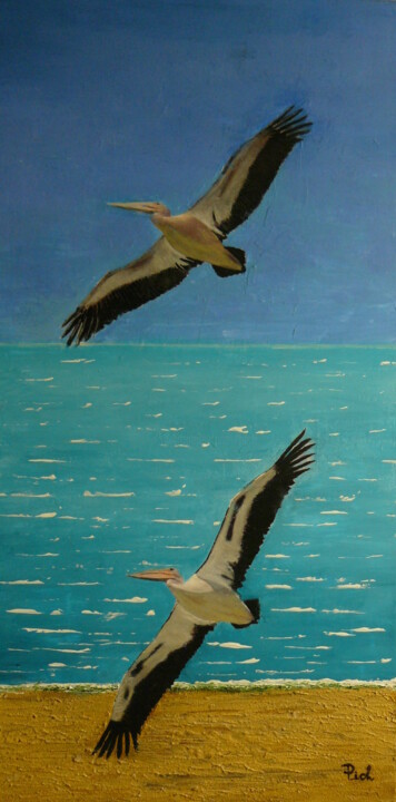 Pintura titulada "Couple de pélicans…" por Pich, Obra de arte original, Acrílico Montado en Bastidor de camilla de madera