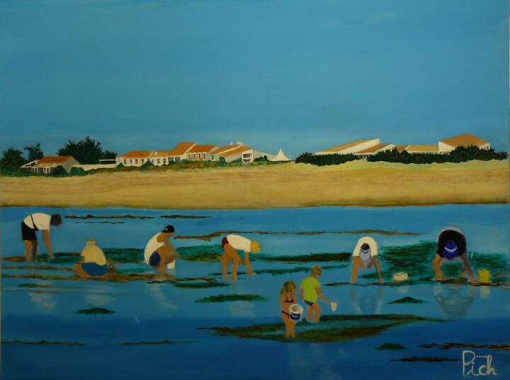 Pintura titulada "Pêche à pied devant…" por Pich, Obra de arte original, Oleo Montado en Bastidor de camilla de madera
