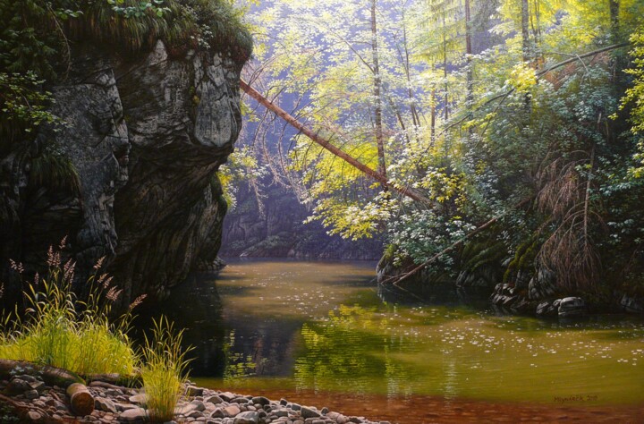 Painting titled "Sunny day by the mo…" by Emil Mlynarcik, Original Artwork, Oil Mounted on Wood Stretcher frame