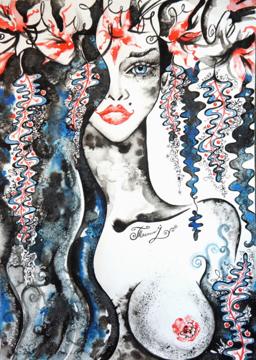 Pittura intitolato "Bather with blue ha…" da Iryna Tatur, Opera d'arte originale, Inchiostro