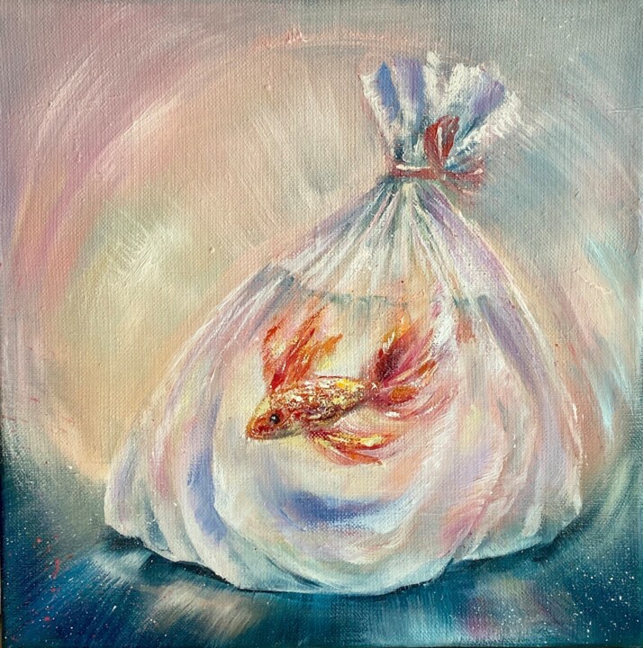 Peinture intitulée "Good Luck Fish" par Ludmila Gorbunova, Œuvre d'art originale, Huile Monté sur Châssis en bois