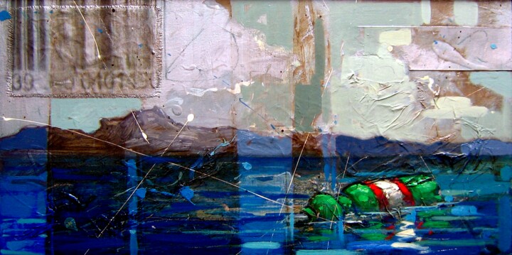 Bottiglia sul mare 绘画, 11.8x23.6 in