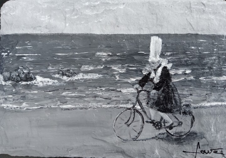 Bigoudène à vélo sur la plage 绘画, 4.3x6.3 in