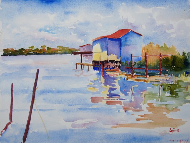 Peinture intitulée "Les cabanes de Cand…" par Jean-Noël Le Junter, Œuvre d'art originale, Aquarelle Monté sur Panneau de bois