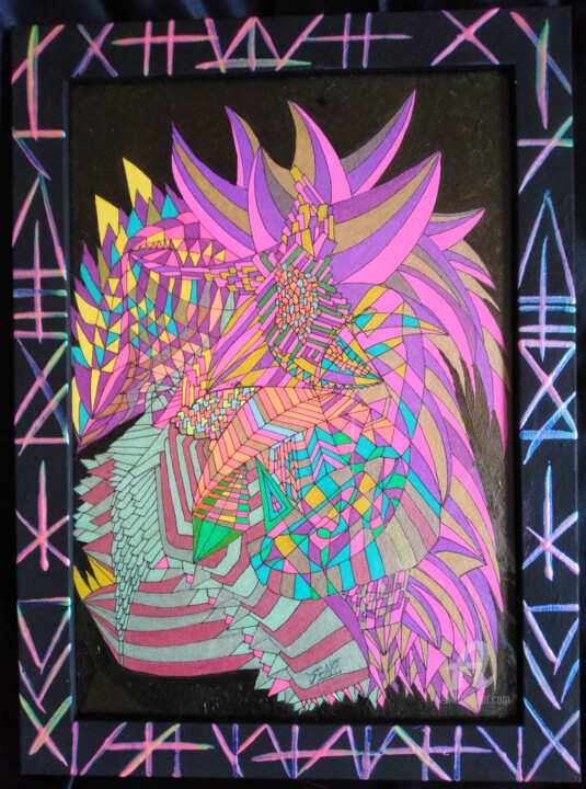 Drawing titled "Punk à Chats" by Jean Philippe Desmoulins, Original Artwork, Gel pen Mounted on Glass