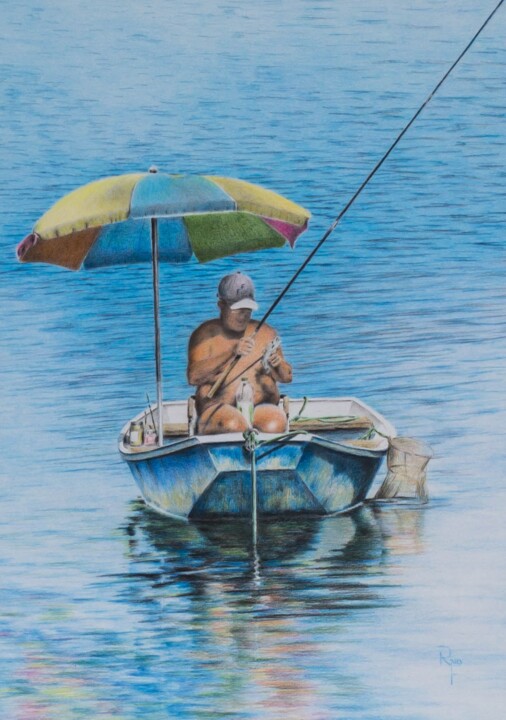 Malerei mit dem Titel "FischersFritze" von Ronald Firla, Original-Kunstwerk, Conté-Buntstifte