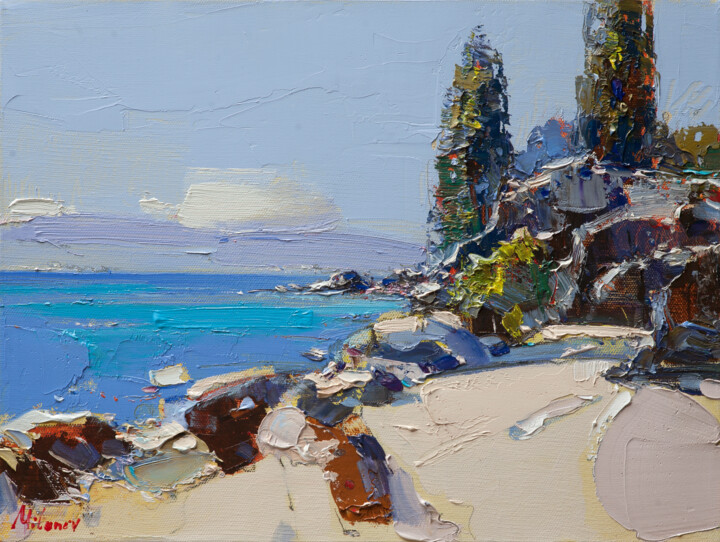 Painting titled "' Kassiopi '" by Stojan Milanov, Original Artwork, Oil Mounted on Wood Stretcher frame