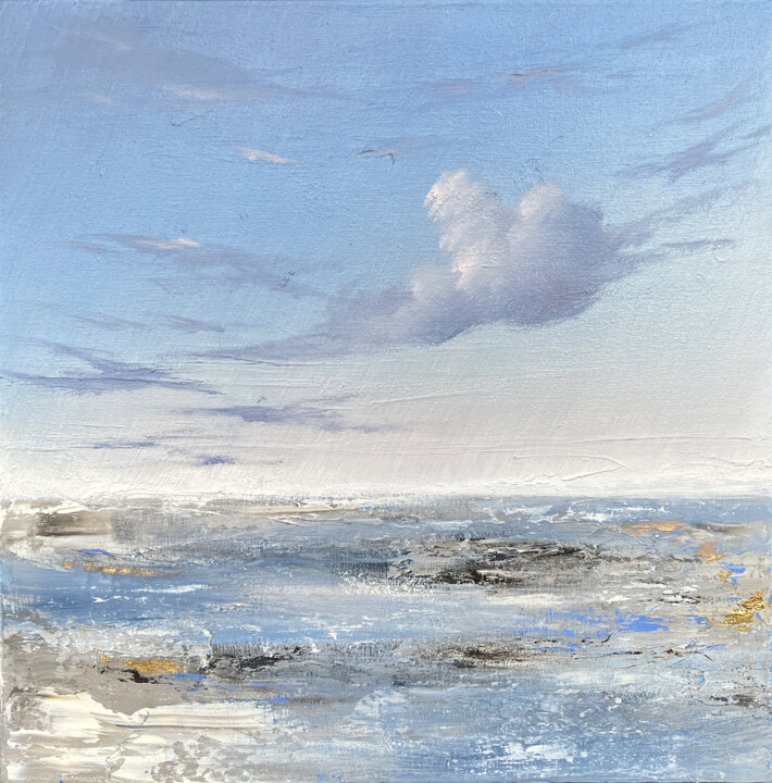 Painting titled "Winter evening" by Anna Kulak, Original Artwork, Oil Mounted on Wood Stretcher frame