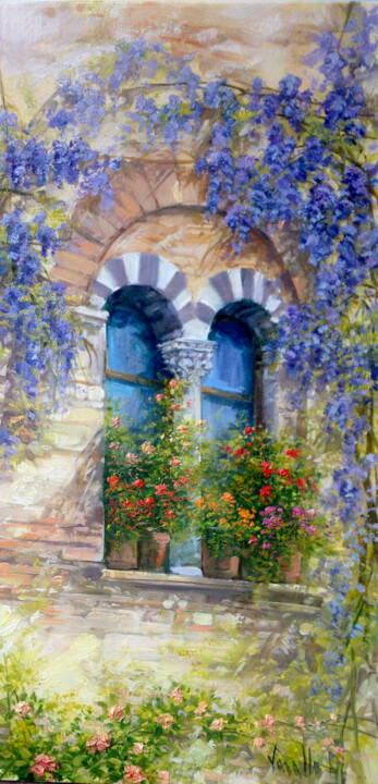 Old window with flowers - Bifora 绘画, 15.8x7.9 in