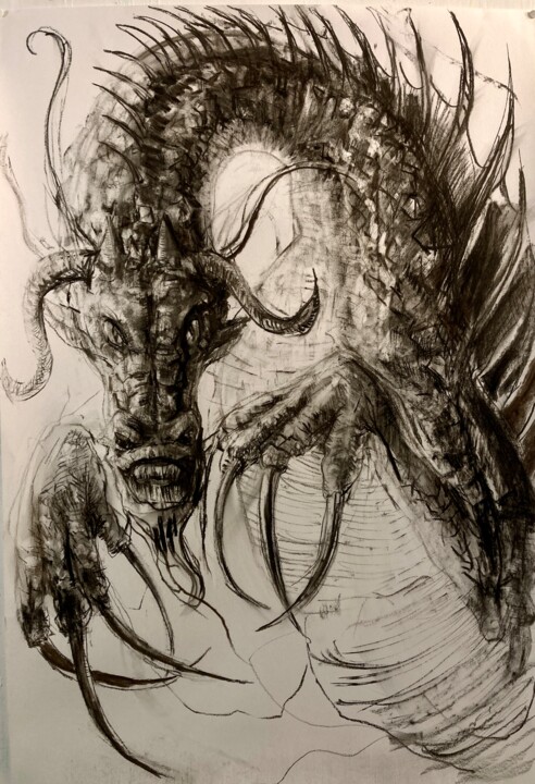 Drawing titled "Dragon" by Gilles Glaçon, Original Artwork, Charcoal